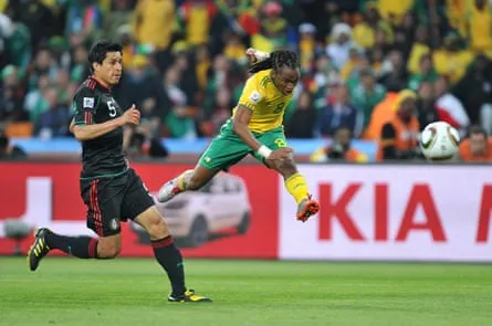South Africa’s Siphiwe Tshabalala (centre) scores his side’s goal against Mexico.