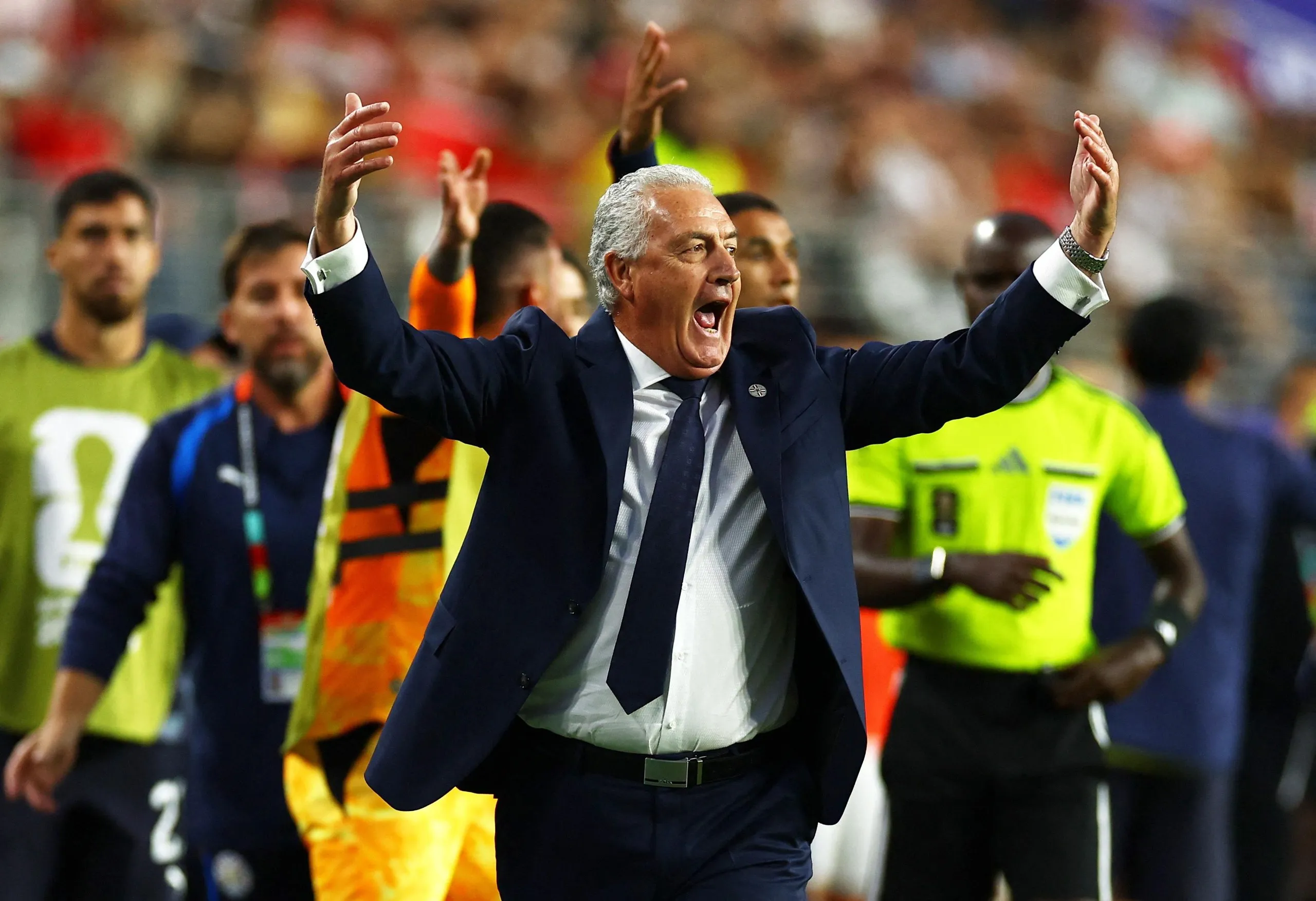 Paraguay coach Gustavo Alfaro reacts.