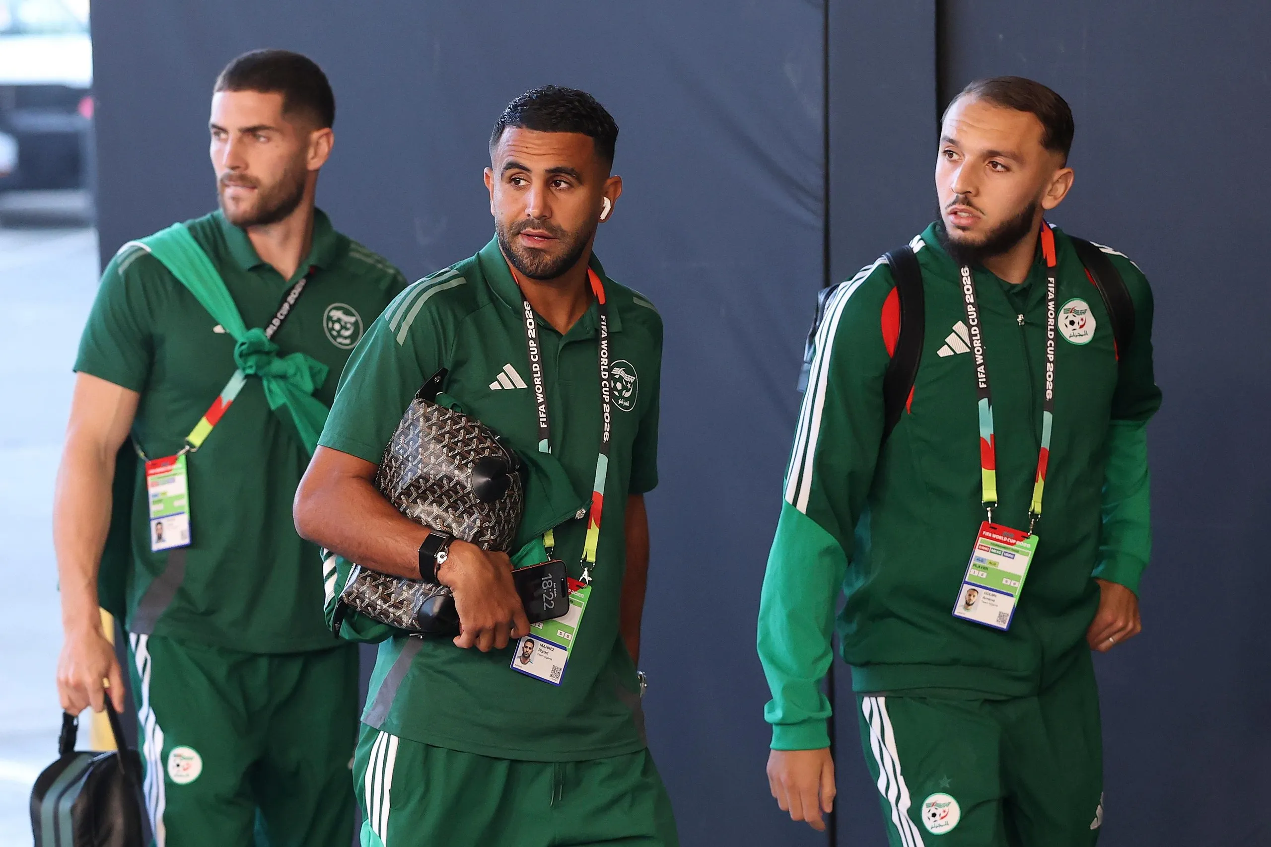 Algeria’s Luca Zidane, Riyad Mahrez and Amine Gouiri arrive at San Francisco Bay Area Stadium.