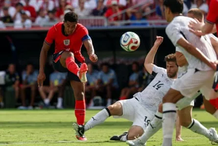 Jude Bellingham takes a shot for England during a friendly against New Zealand.