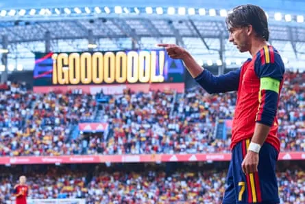 Ferran Torres celebrates after scoring for Spain against Iraq. Ferran Torres celebrates after scoring for Spain between Spain against Iraq.