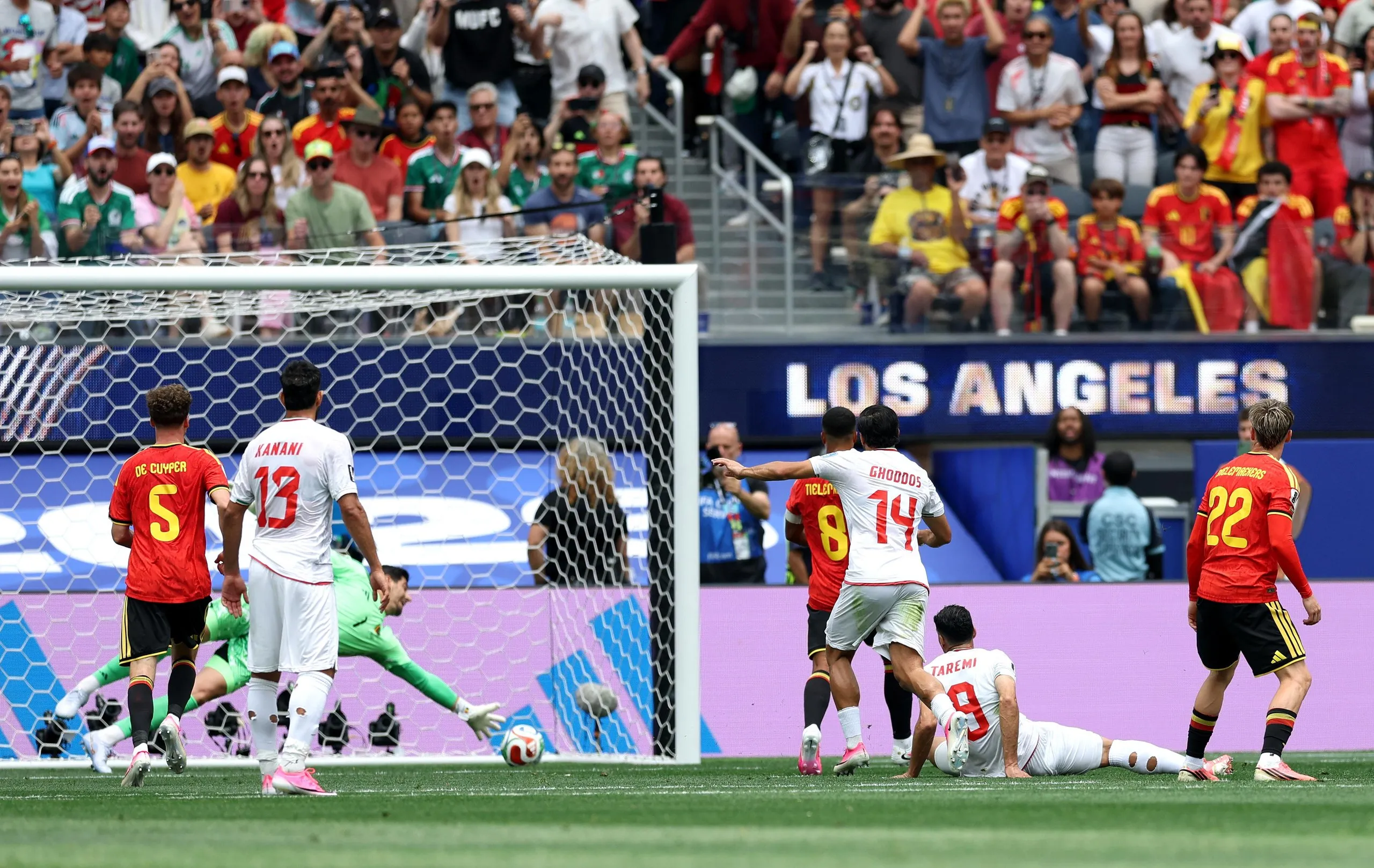 Iran’s Mehdi Taremi scores a goal later disallowed due to offside against Belgium