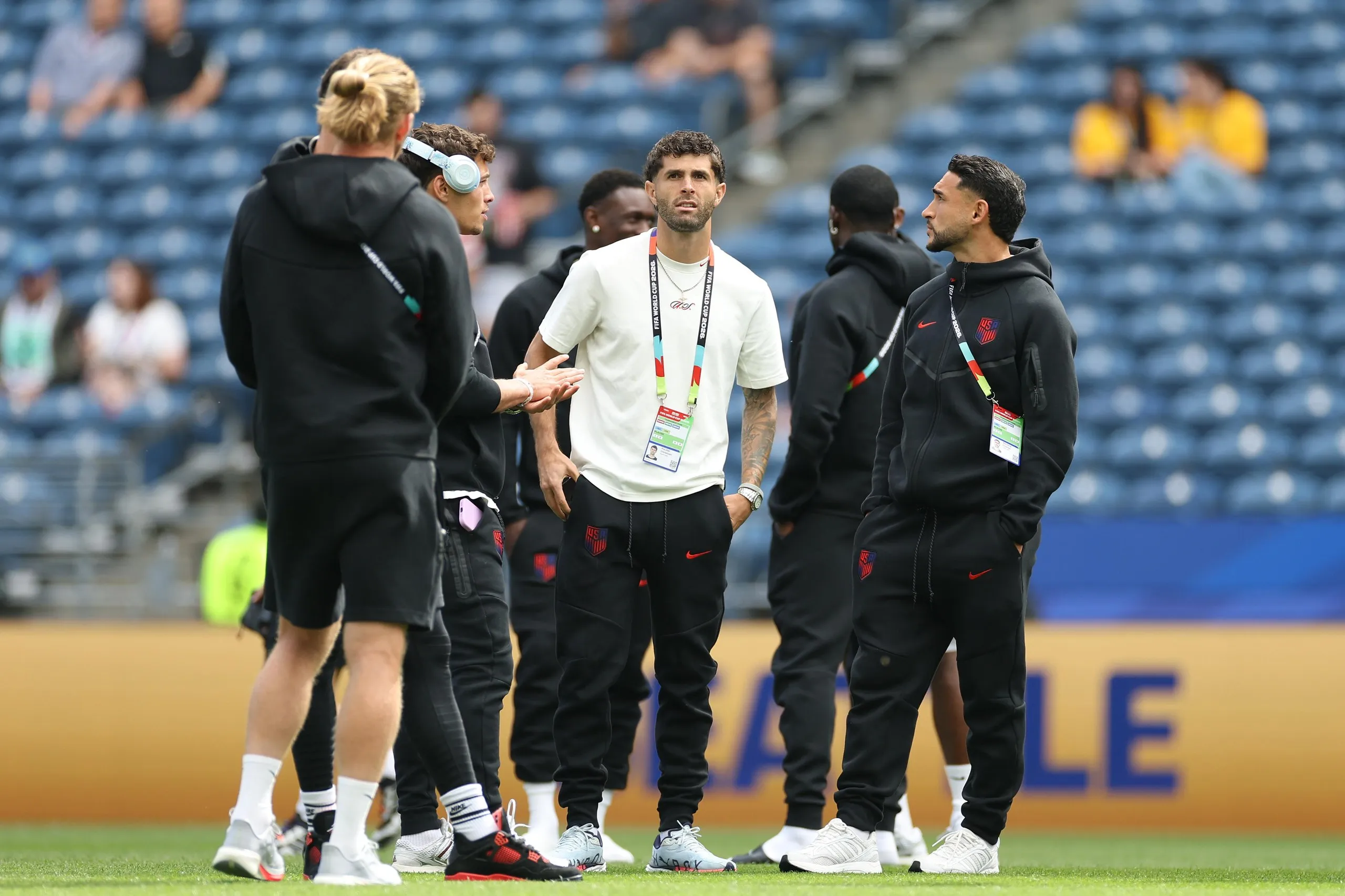 Christian Pulisic #10 and players of the United States inspect the pitch before the FIFA World Cup 2026 Group D match between USA and Australia at Seattle Stadium on June 19, 2026 in Seattle, Washington.