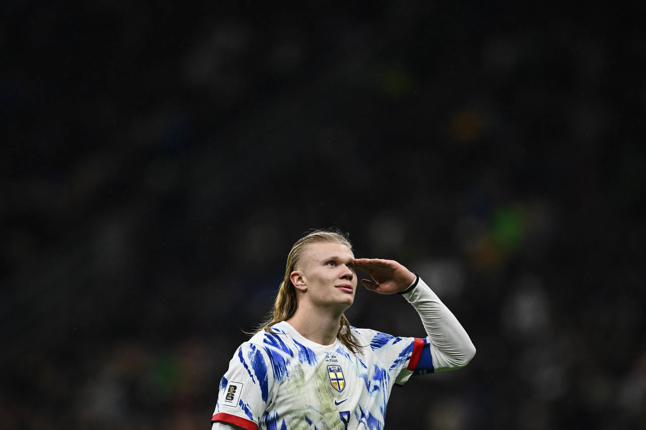 Erling Haaland celebrates one of his two goals in a 4-1 victory for Norway in Italy during World Cup qualifying