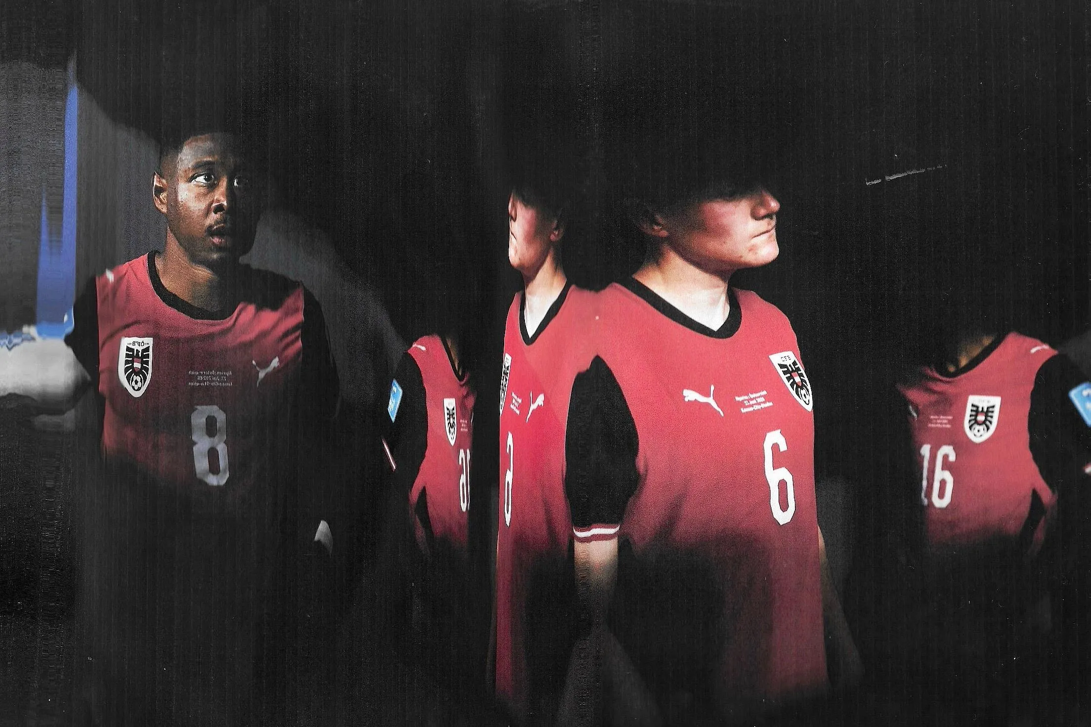 David Alaba and his Austria teammates in a tunnel at half-time. Original photograph by Alex Pantling.