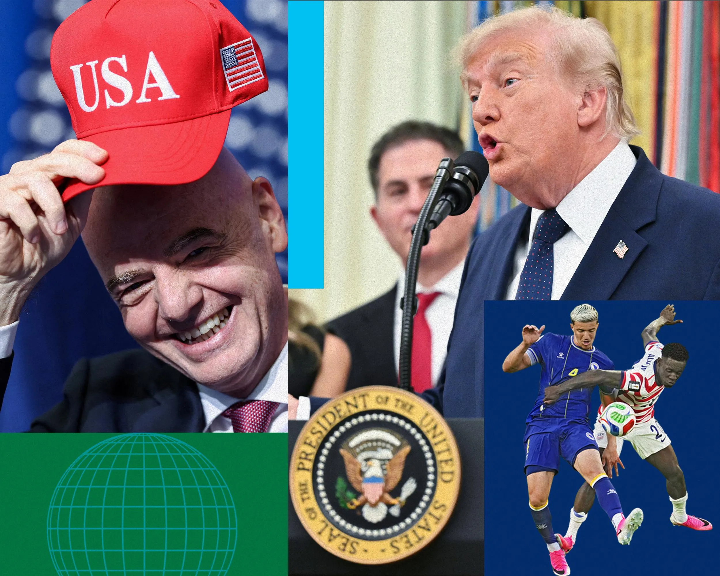Gianni Infantino holds a USA hat; Donald Trump speaks at the launch of Trump investment accounts; Folarin Balogun fouls Tarik Muharemovic