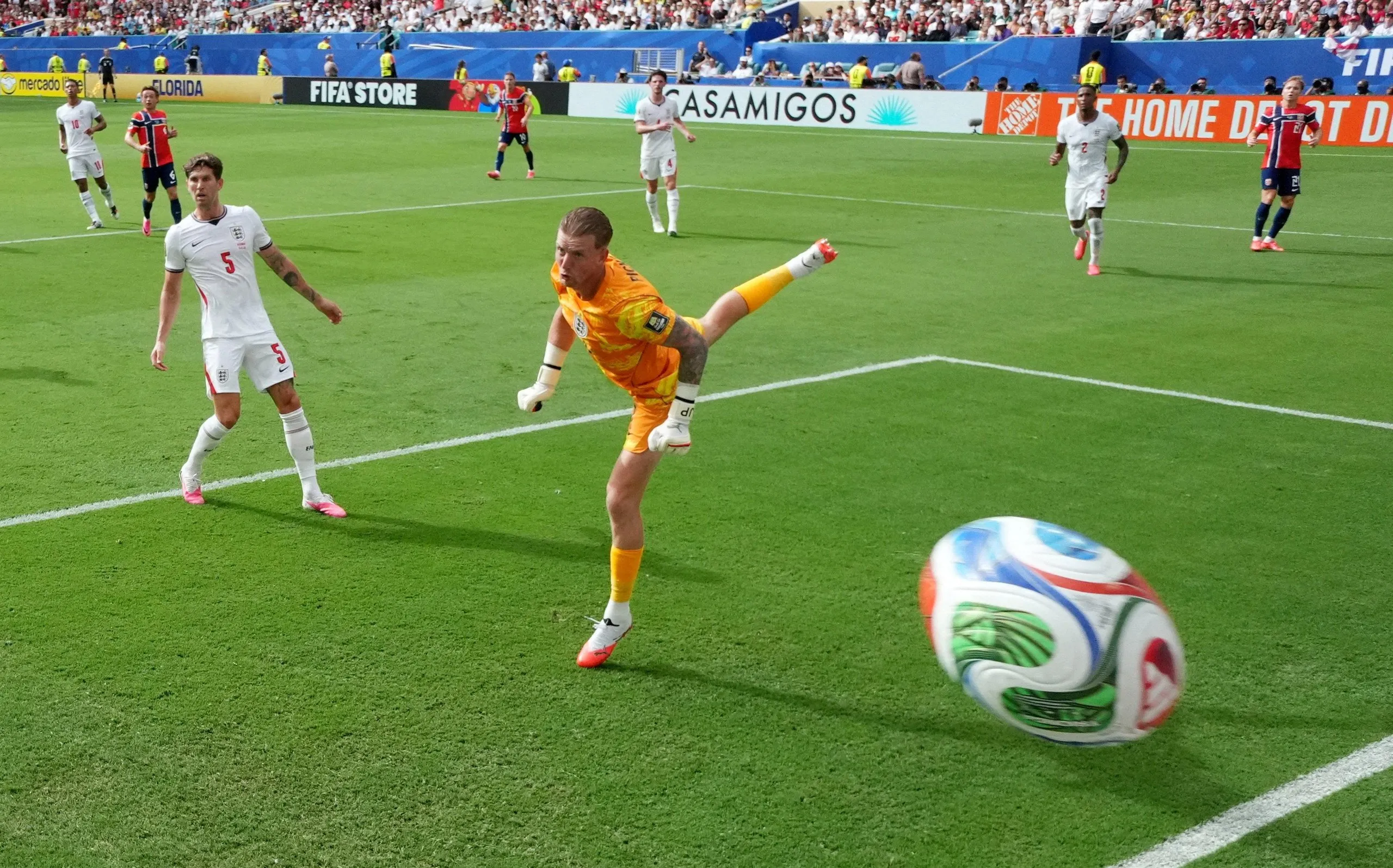 England’s Jordan Pickford watches Andreas Schjelderup’s effort fly in