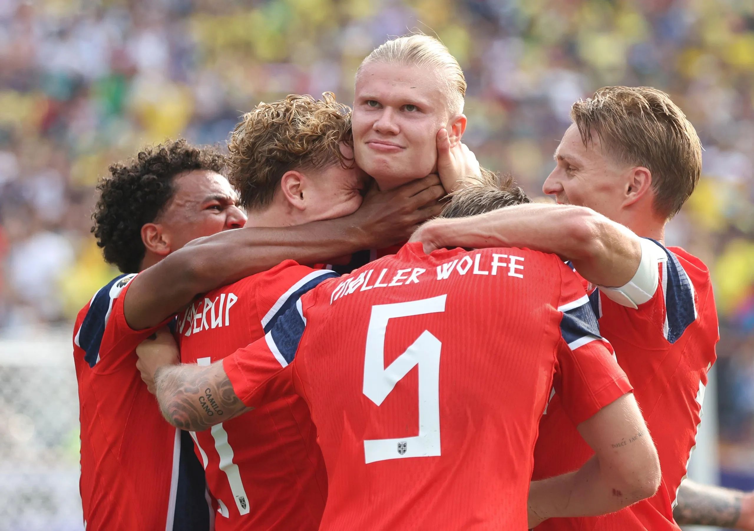 Erling Haaland celebrates his first goal in Norway’s win over Brazil on Sunday at the New York/New Jersey Stadium.
