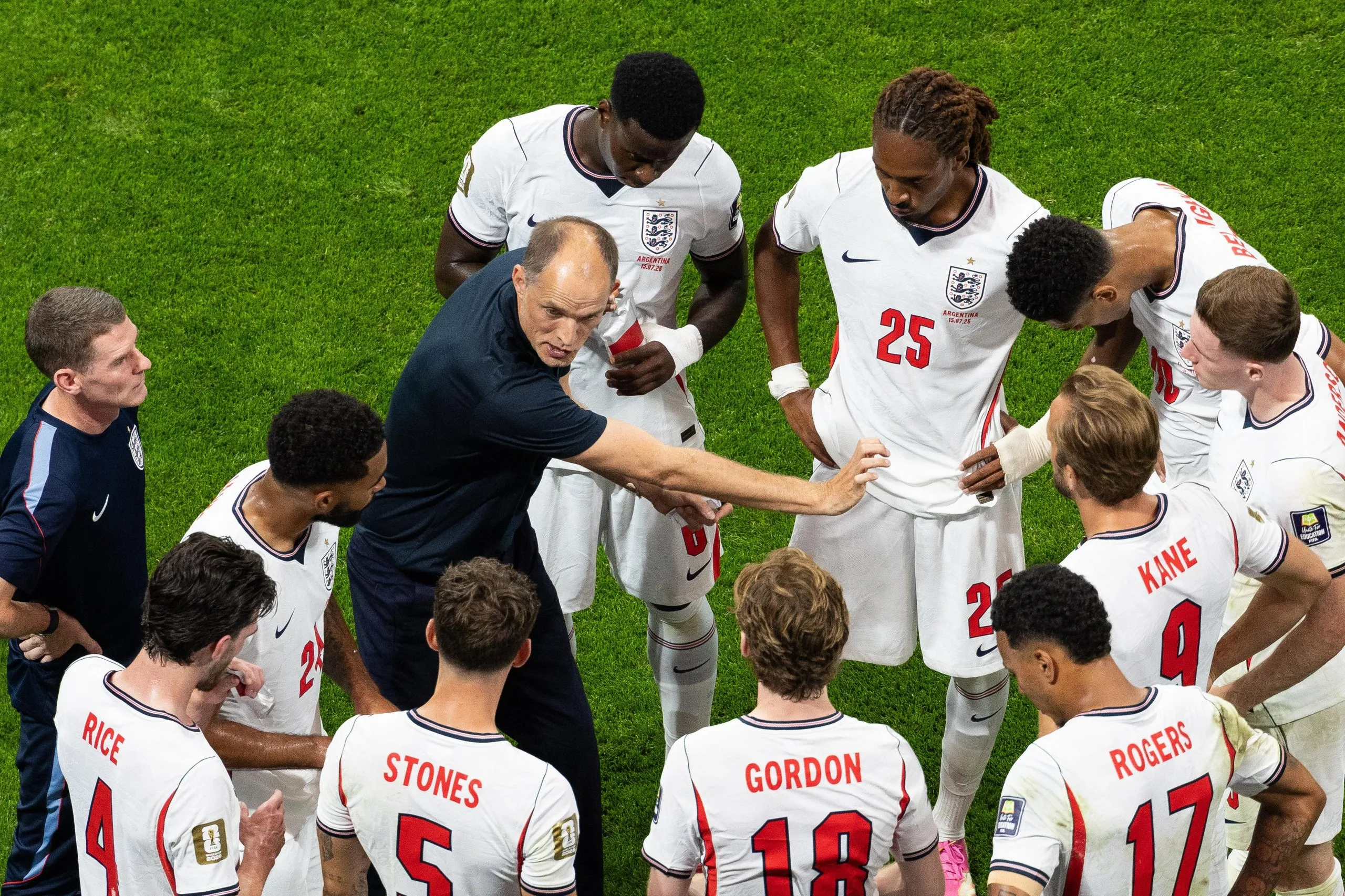 Thomas Tuchel talks to England’s players during the defeat by Argentina
