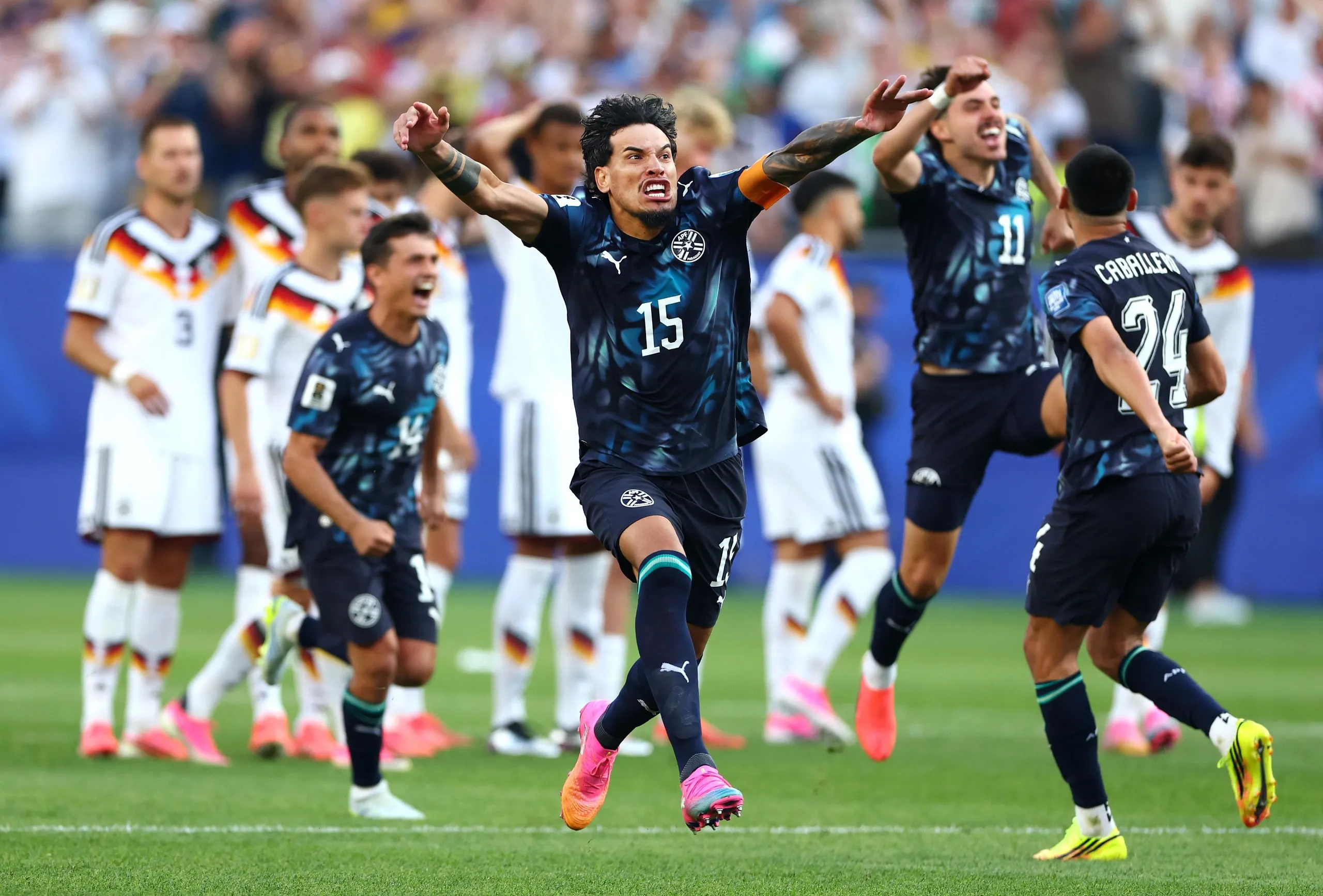 Gustavo Gómez of Paraguay looks delighted after José Canale scored the winning penalty in a shootout against Germany in Boston.