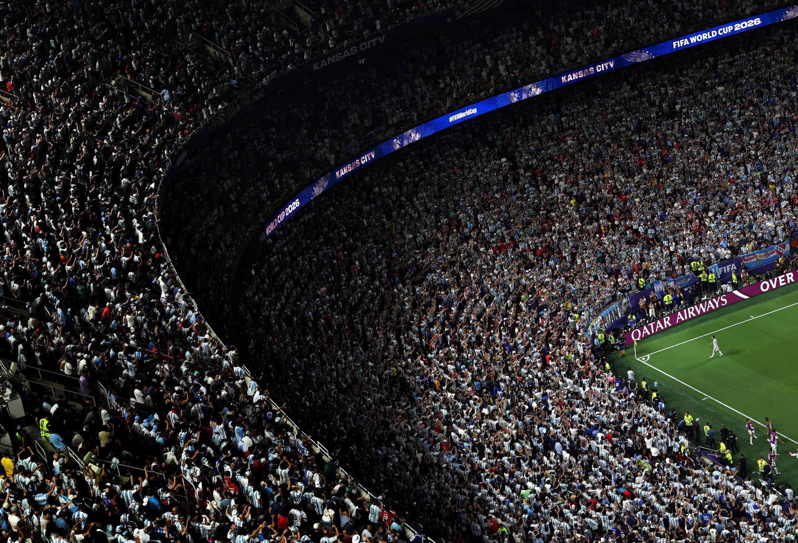 Lionel Messi of Argentina prepares to take a corner kick against Switzerland at Kansas City Stadium.