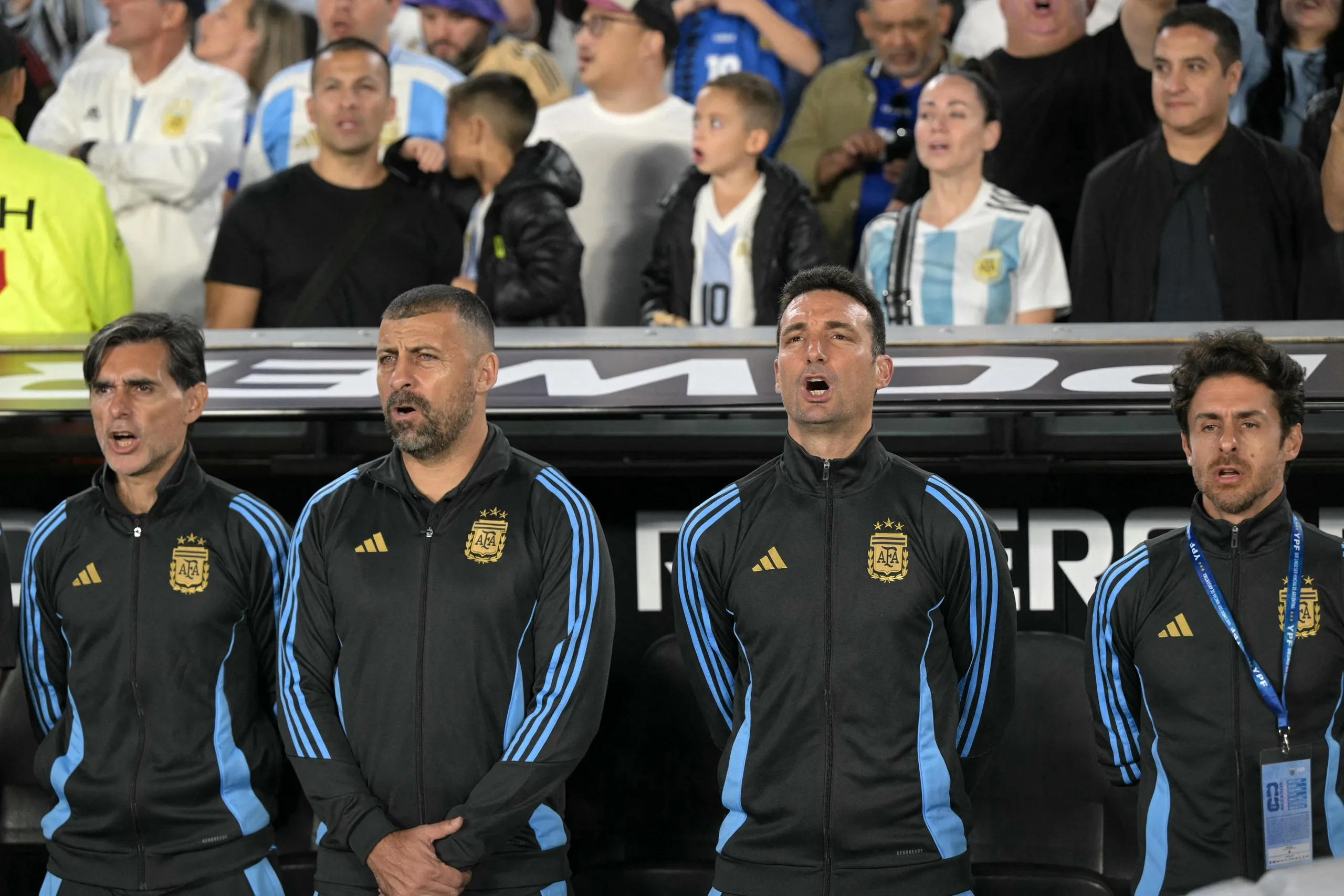 Lionel Scaloni (second right) and his assistants (left to right) Roberto Ayala, Walter Samuel and Pablo Aimar.