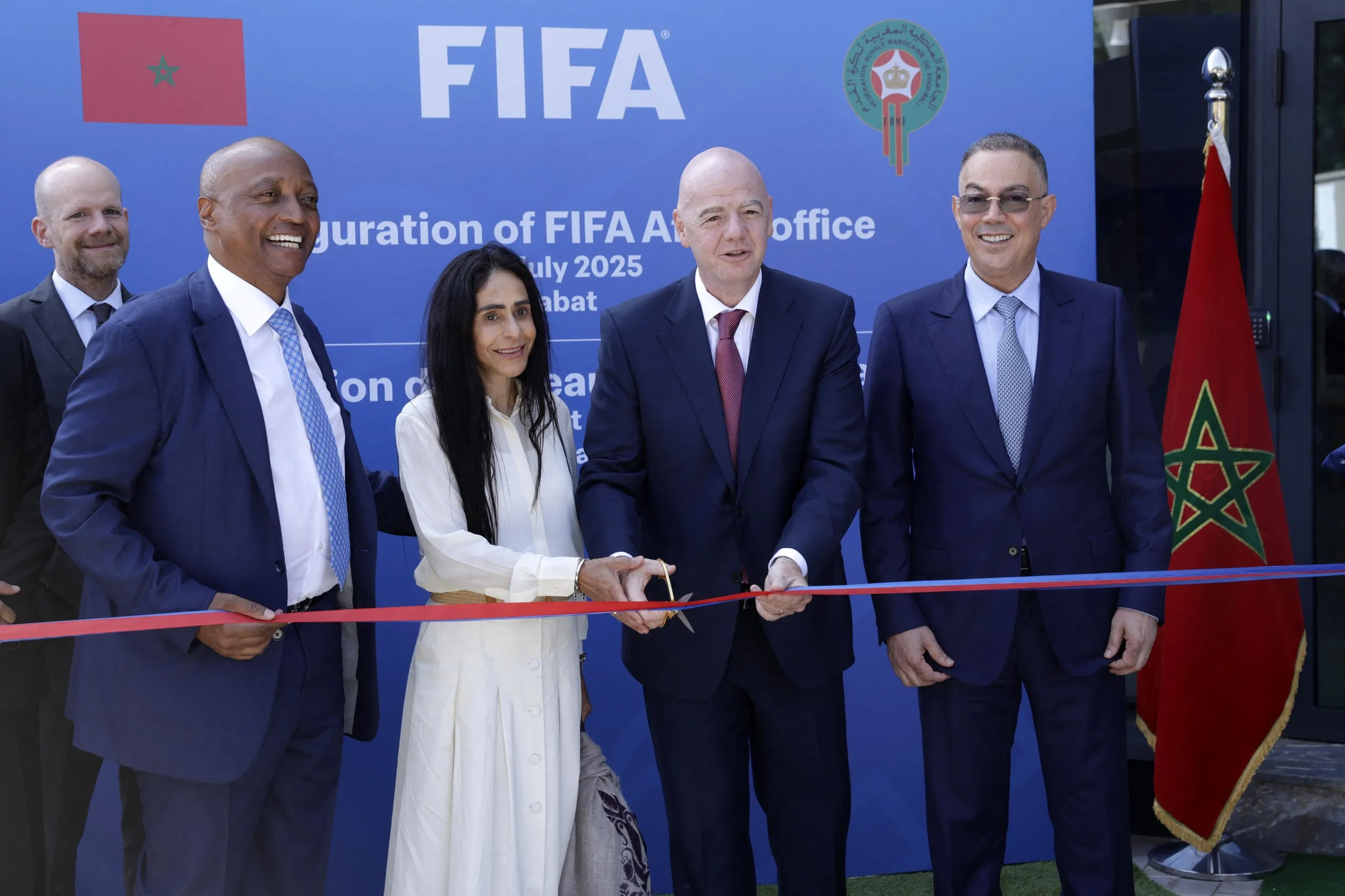 The president of Fifa, Gianni Infantino, cuts the ribbon during the inauguration ceremony of the Fifa offices in Rabat.